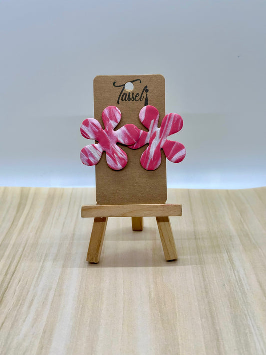 Pink Blossom polymer clay stud earrings in bold flower shape with pink and silver clay mix.