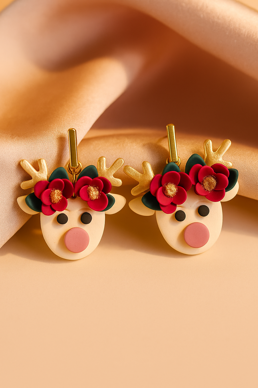 Reindeer-shaped earrings with floral antlers on a beige background