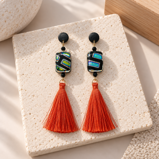 Sanderson handcrafted polymer clay Halloween dangle earrings with a whimsical witchy-inspired design by Tassel Bermuda