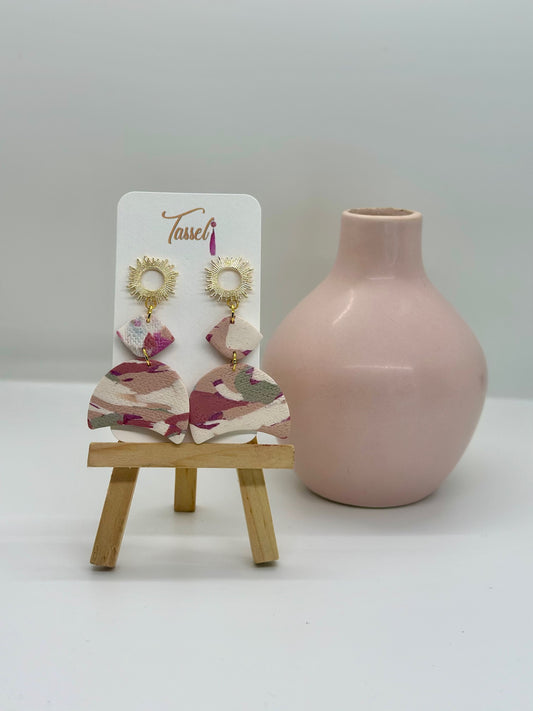 Solara Dangles – Multicolor Pink & Earth Tone Sunburst Polymer Clay Earrings with Gold Accents by Tassel Bermuda
