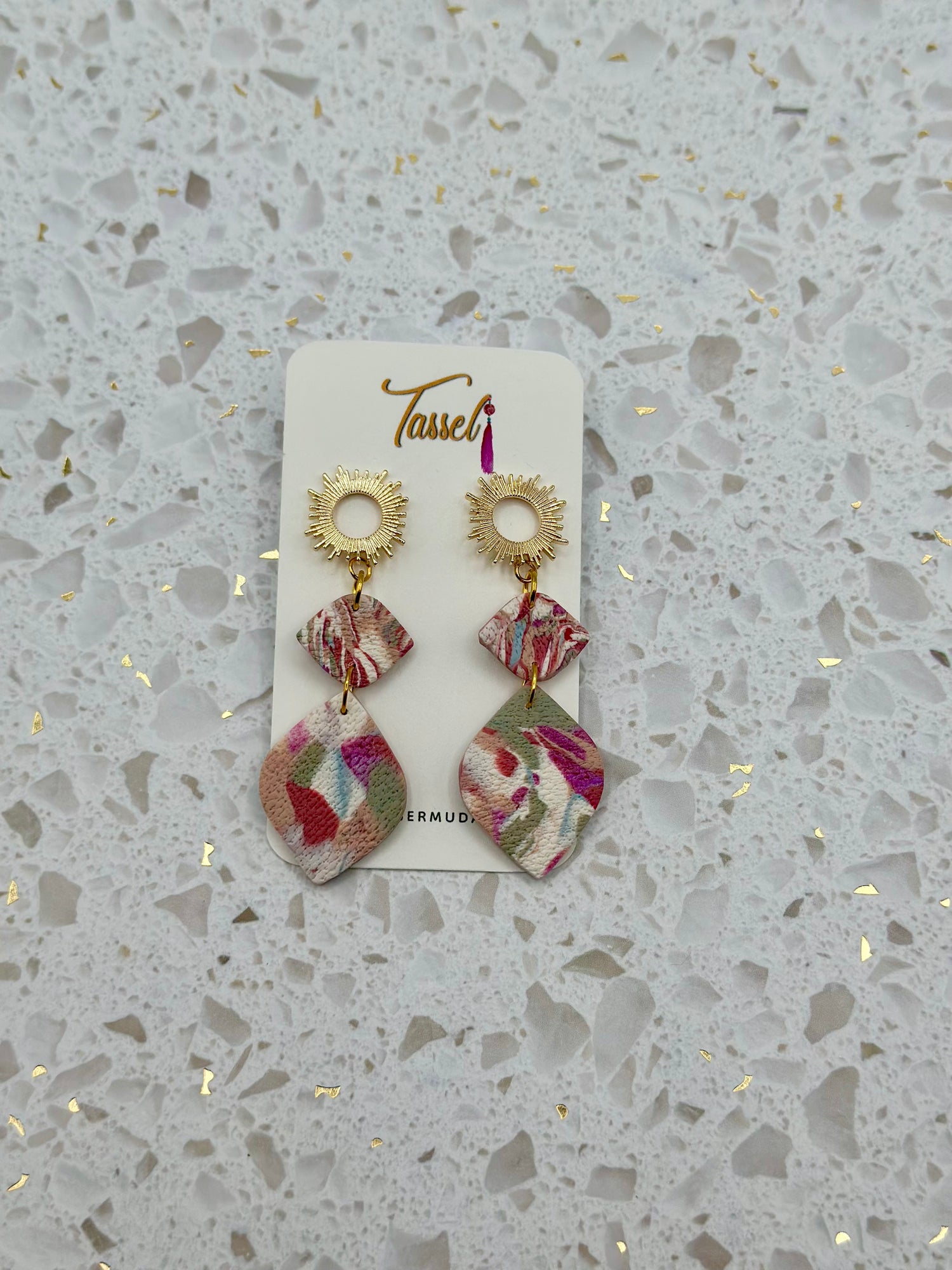 Handcrafted Solara Dangles 2 – Multicolor Pink & Earth-Tone Polymer Clay Earrings with Gold Sunburst Accents
