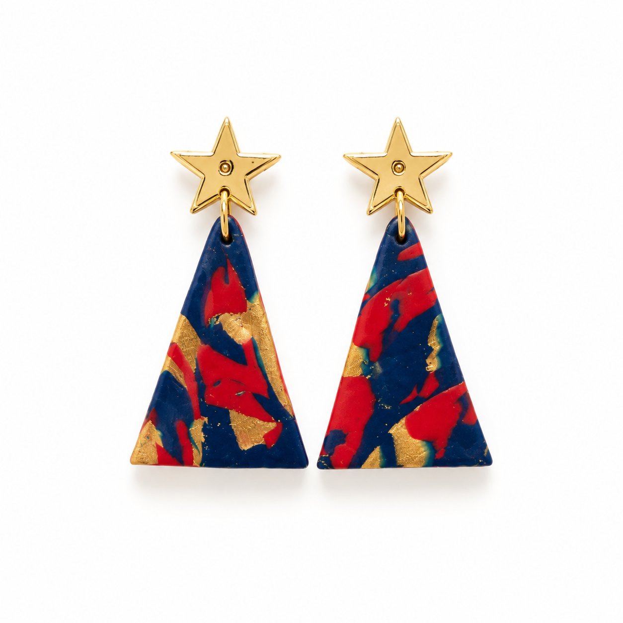 Handmade Spruce polymer clay dangle earrings with mirror star studs and gold leaf accents, available in Midnight Evergreen and Winter Frost.