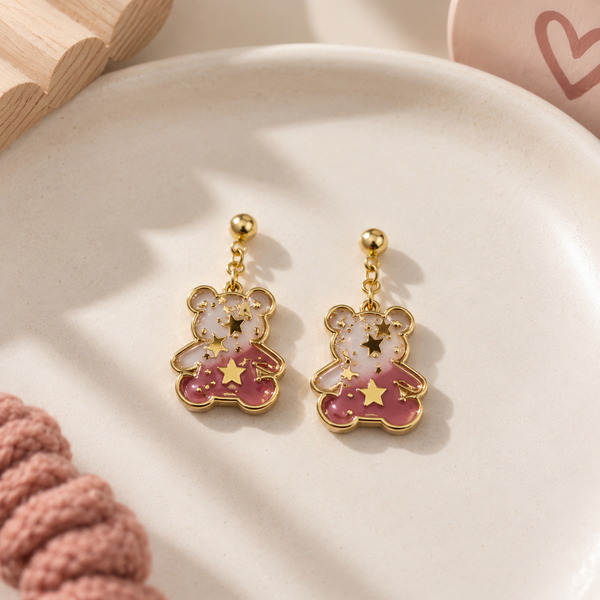 Starry Bear pink and gold kids bear dangle earrings with celestial star details by Tassel Bermuda