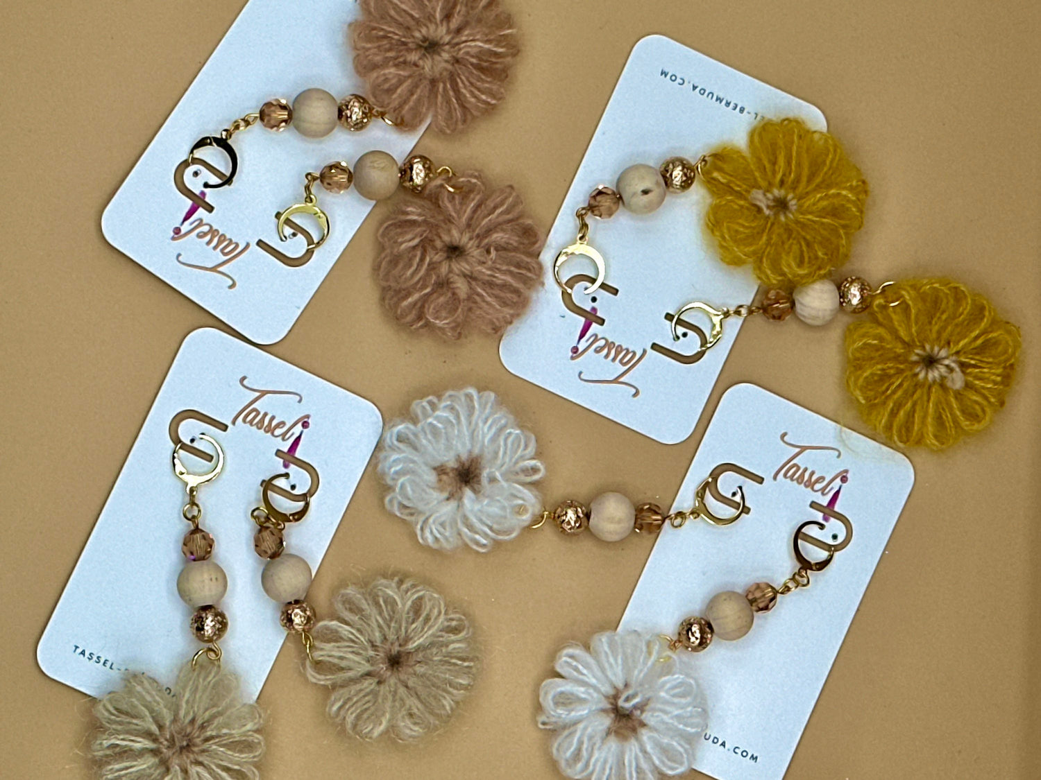 Handcrafted Dangle Earrings with Woven Yarn Flowers and Warm-Toned Beads