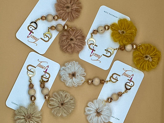 Handcrafted Dangle Earrings with Woven Yarn Flowers and Warm-Toned Beads